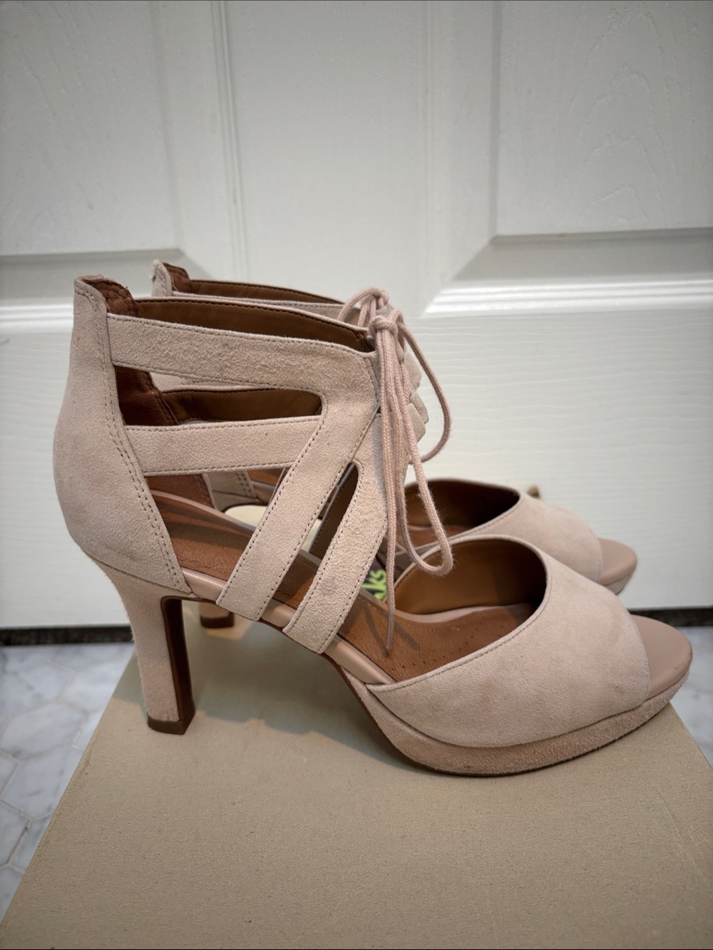 Clarks Mayra Ellie Nude suede Lace-Up Cutout Peep Toe Heels